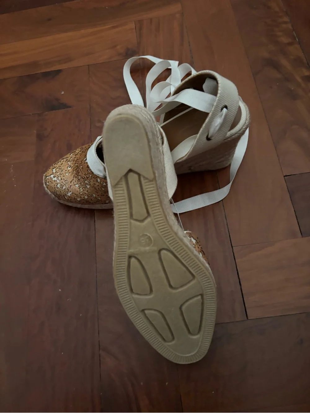 Woven Tan Espadrille Lace-Up Flats with Cream Ribbons